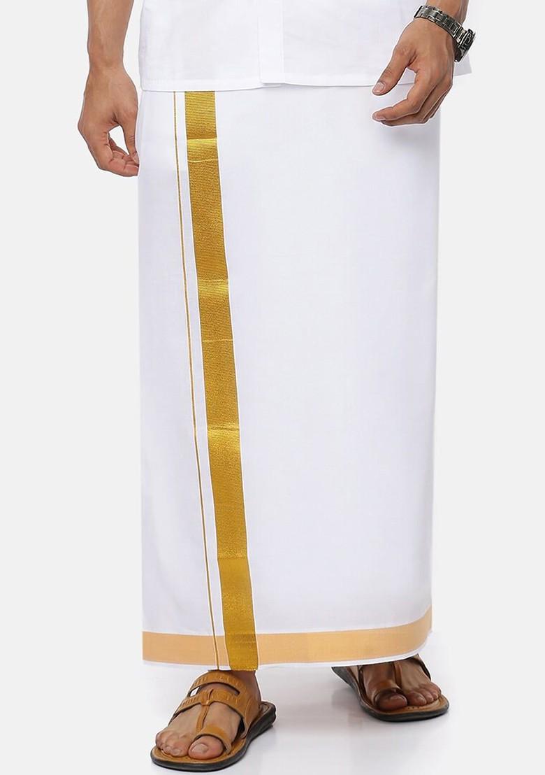 White Solid Gold Jari Border Single Layer Cotton Dhoti For Men - Indya