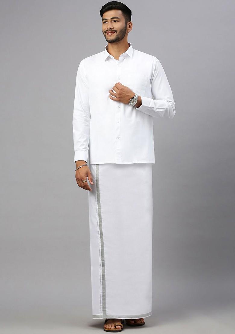 White Cotton Solid Zari Border Double Layer Dhoti For Men - Indya
