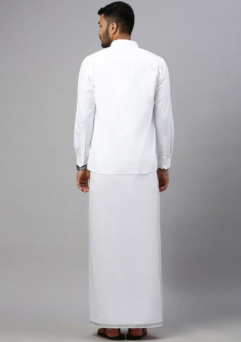 White Cotton Solid Zari Border Double Layer Dhoti For Men - Indya