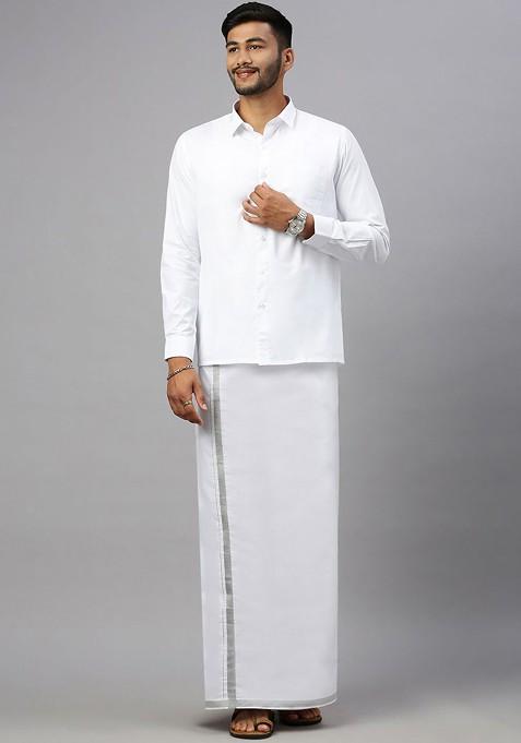 White Cotton Solid Zari Border Double Layer Dhoti For Men