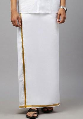 White Solid Gold Zari Border Adjustable Dhoti With Pocket For Men
