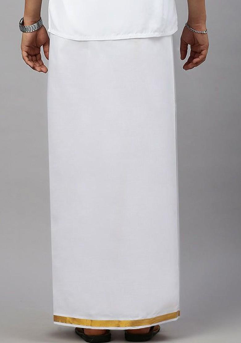 White Solid Gold Zari Border Adjustable Dhoti With Pocket For Men - Indya