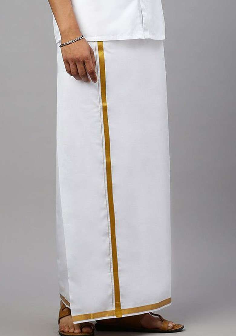 White Solid Gold Zari Border Adjustable Dhoti With Pocket For Men - Indya