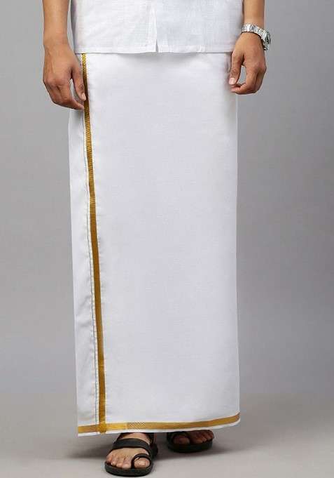 White Solid Gold Zari Border Adjustable Dhoti With Pocket For Men