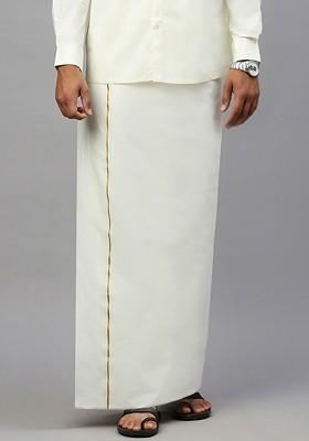 Cream Pure Cotton Dhoti With Sleek Golden Zari Border For Men