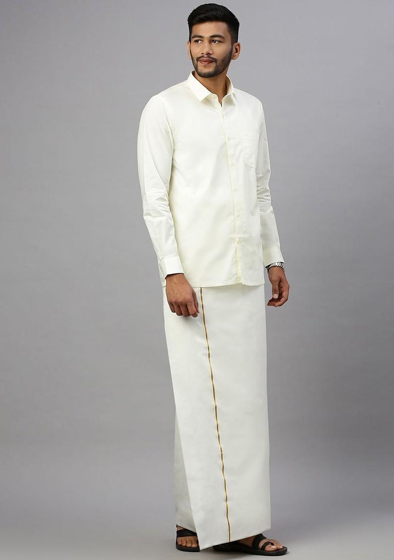 Cream Pure Cotton Dhoti With Sleek Golden Zari Border For Men