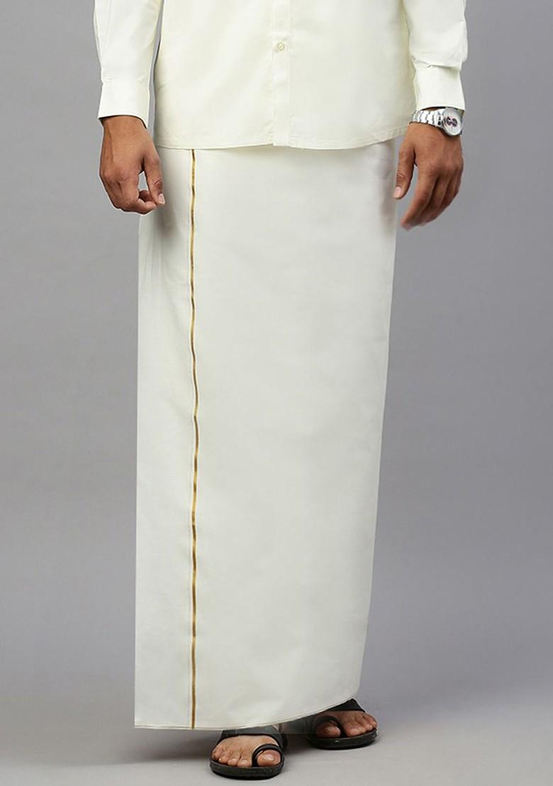 Cream Pure Cotton Dhoti With Sleek Golden Zari Border For Men - Indya