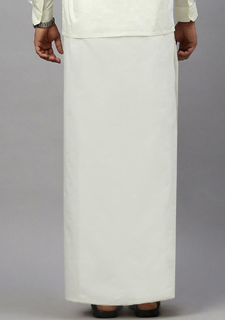 Cream Pure Cotton Dhoti With Sleek Golden Zari Border For Men