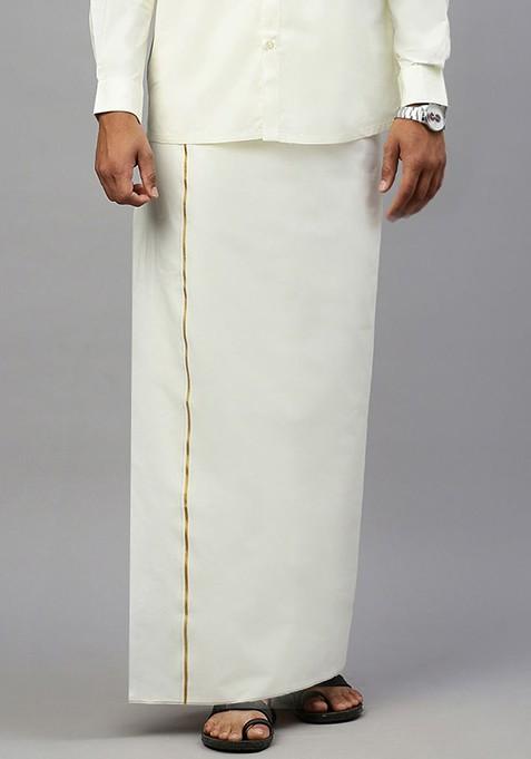 Cream Pure Cotton Dhoti With Sleek Golden Zari Border For Men