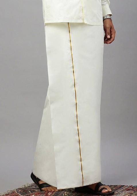 Cream Pure Cotton Dhoti With Sleek Golden Zari Border For Men
