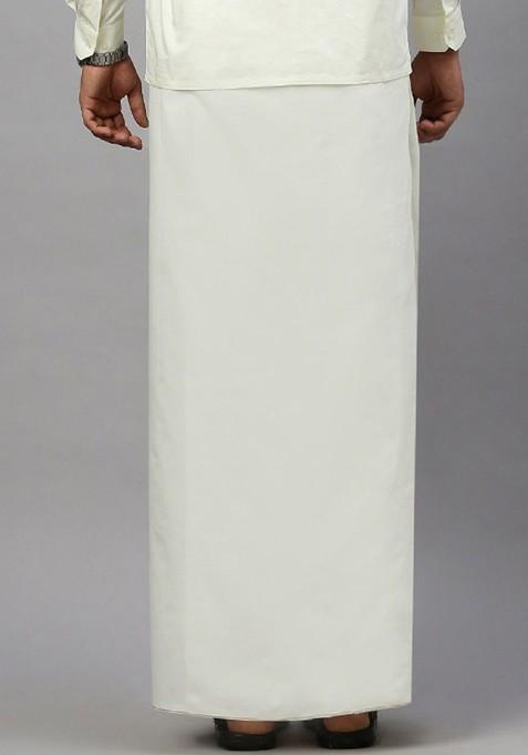 Cream Pure Cotton Dhoti With Sleek Golden Zari Border For Men