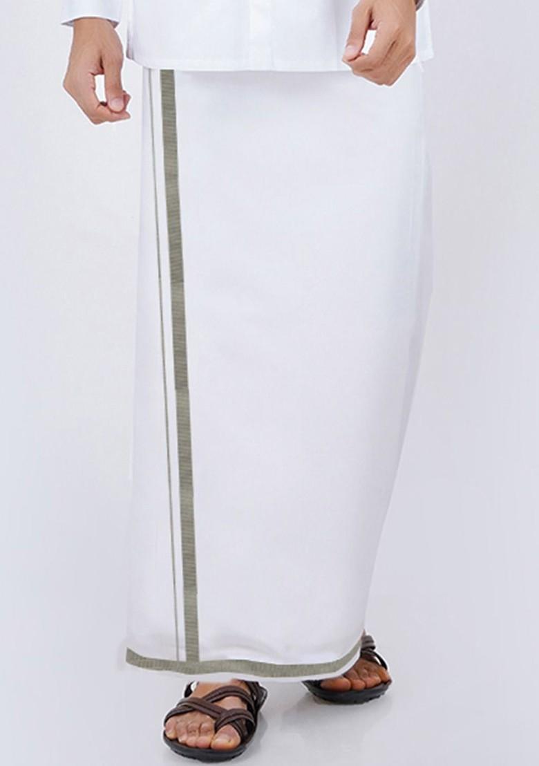 White Cotton White Solid Silver Jari Border Single Layer Dhoti For Men