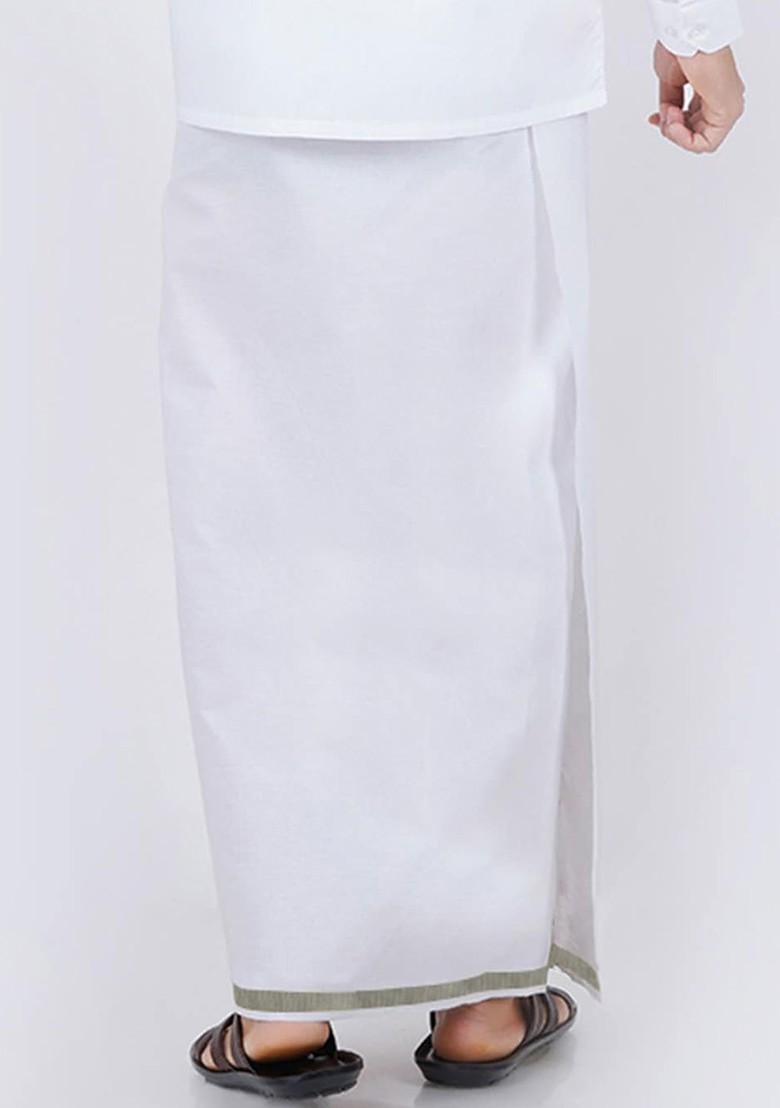 White Cotton White Solid Silver Jari Border Single Layer Dhoti For Men
