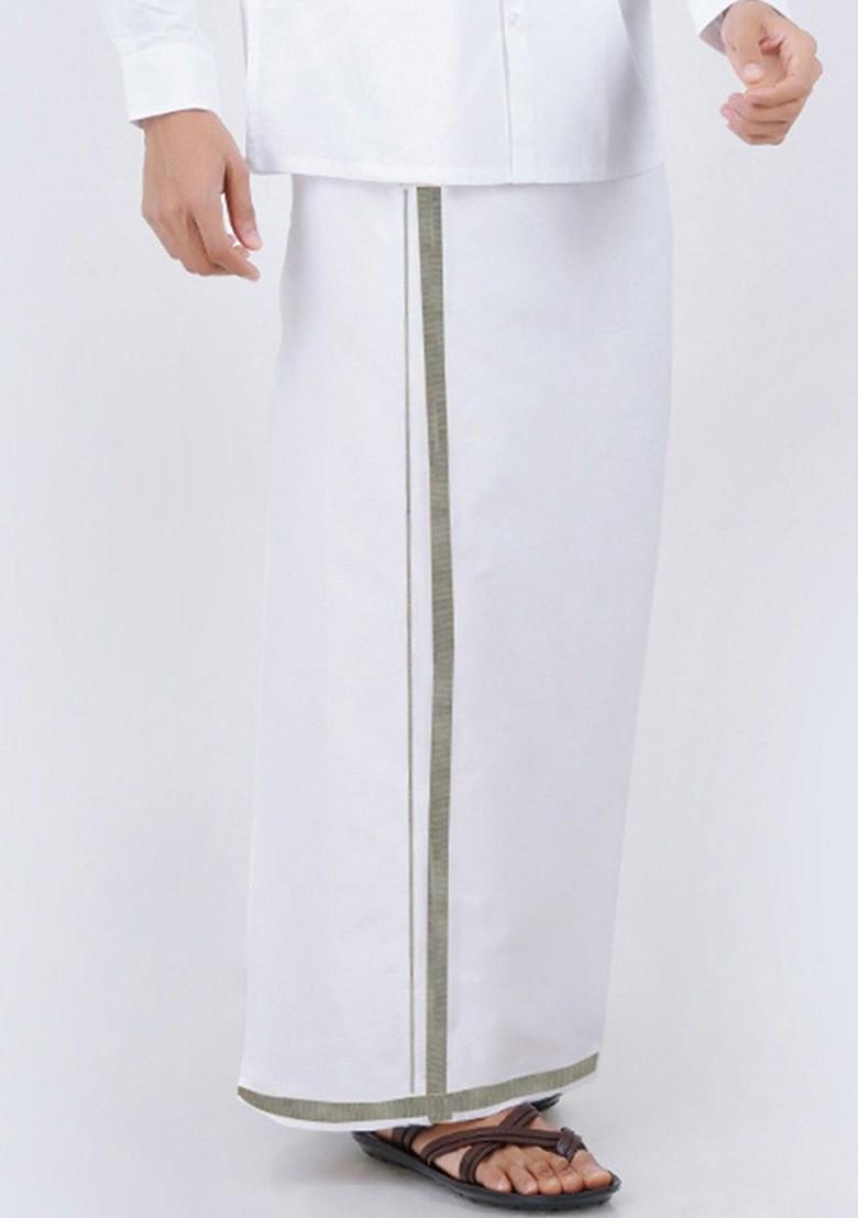 White Cotton White Solid Silver Jari Border Single Layer Dhoti For Men