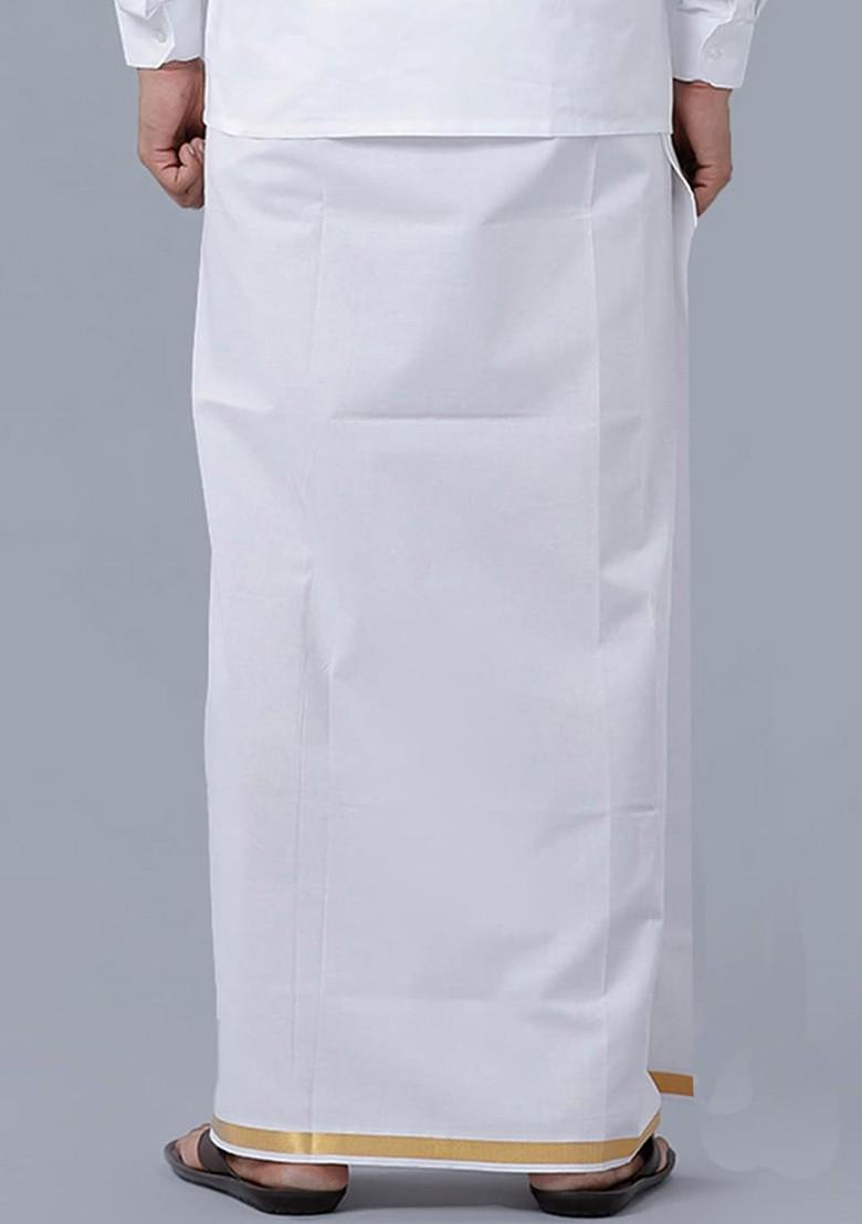 White Pack Of 2 Pure Cotton Dhotis With Zari Border For Men - Indya