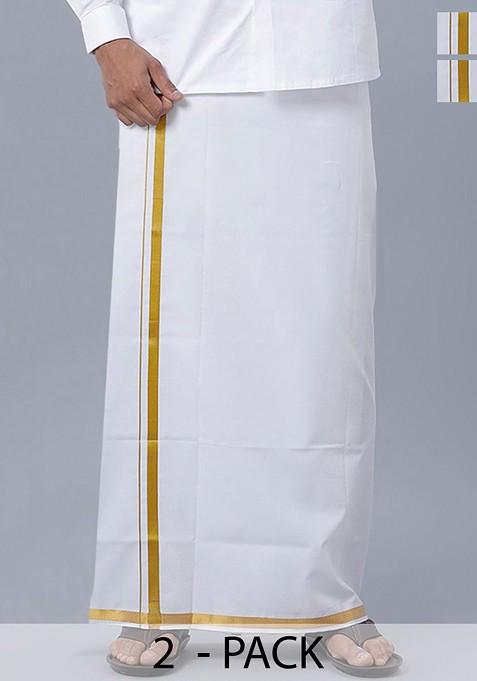 White Pack Of 2 Pure Cotton Dhotis With Zari Border For Men