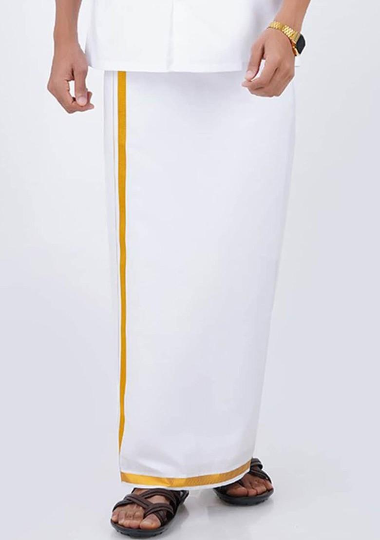White Cotton White Solid Gold Jari Border Single Layer Dhoti For Men