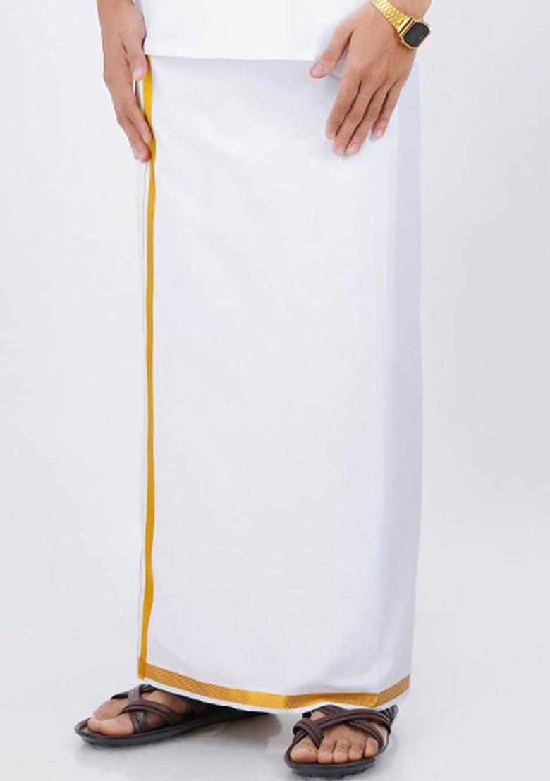 White Cotton White Solid Gold Jari Border Single Layer Dhoti For Men