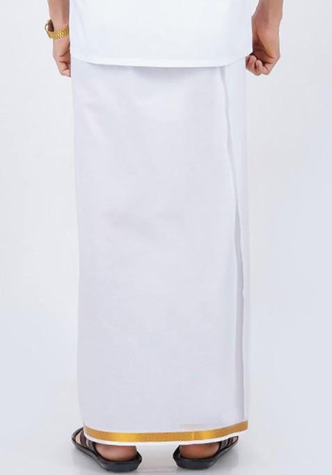 White Cotton White Solid Gold Jari Border Single Layer Dhoti For Men