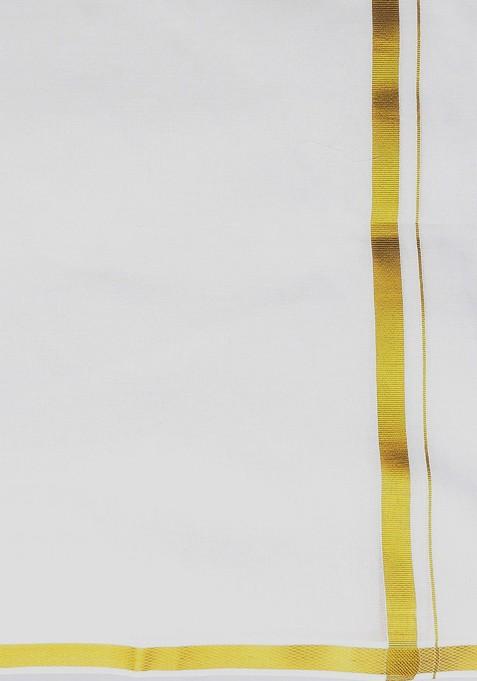 White Cotton White Solid Gold Jari Border Single Layer Dhoti For Men