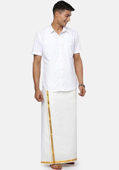 White Cotton White Solid Gold Jari Border Single Layer Dhoti For Men