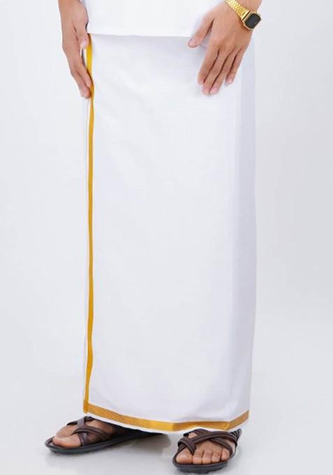 White Cotton White Solid Gold Jari Border Single Layer Dhoti For Men