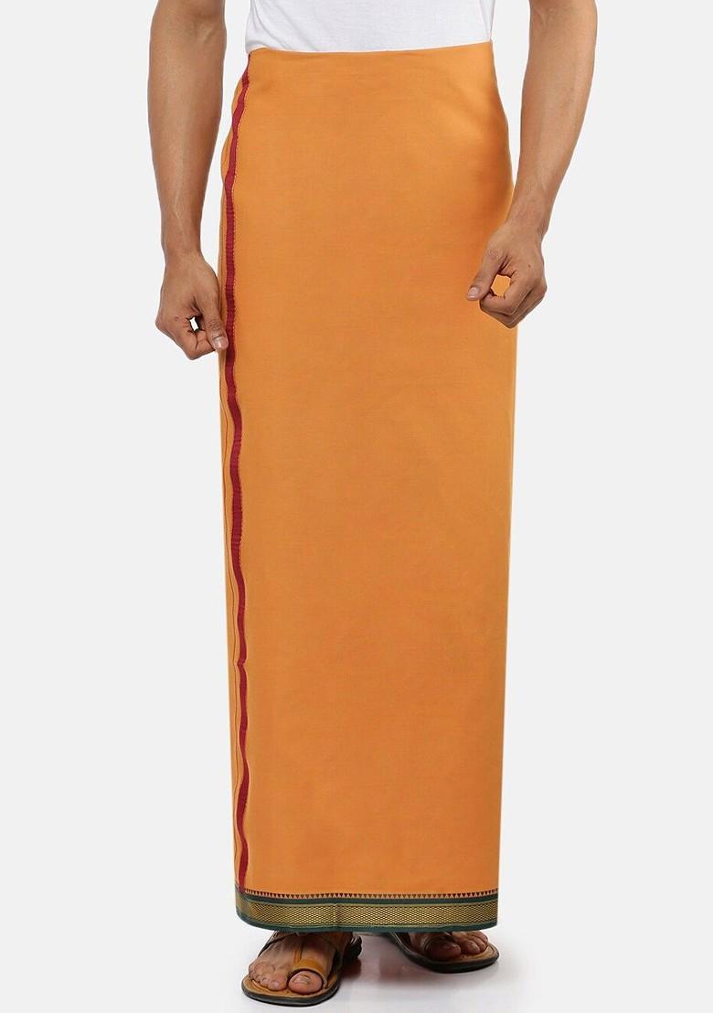 Orange Cotton Kavi Solid Devotional Mayilkhan Border Single Layer Dhoti For Men - Indya