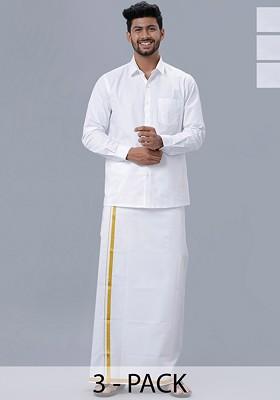 White Pack Of 3 Pure Cotton Zari Border Dhotis For Men