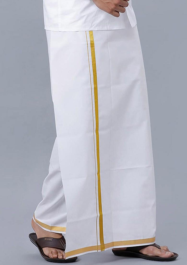 White Pack Of 3 Pure Cotton Zari Border Dhotis For Men - Indya
