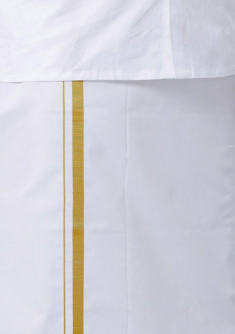 White Pack Of 3 Pure Cotton Zari Border Dhotis For Men - Indya