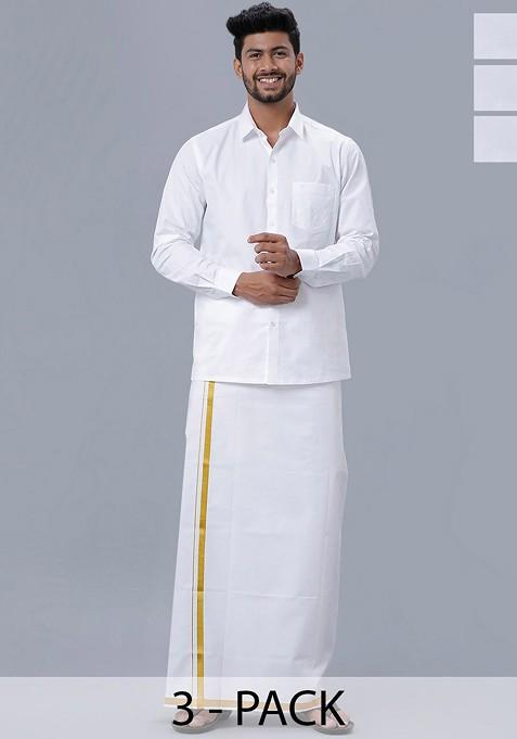 White Pack Of 3 Pure Cotton Zari Border Dhotis For Men