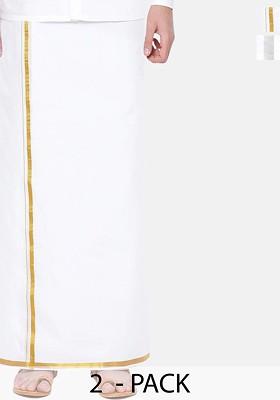 White Pack Of 2 Pure Cotton Zari Border Dhotis For Men