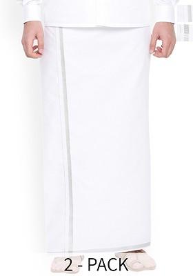 White Pack Of 2 Pure Cotton Single Layer Zari Border Dhotis For Men