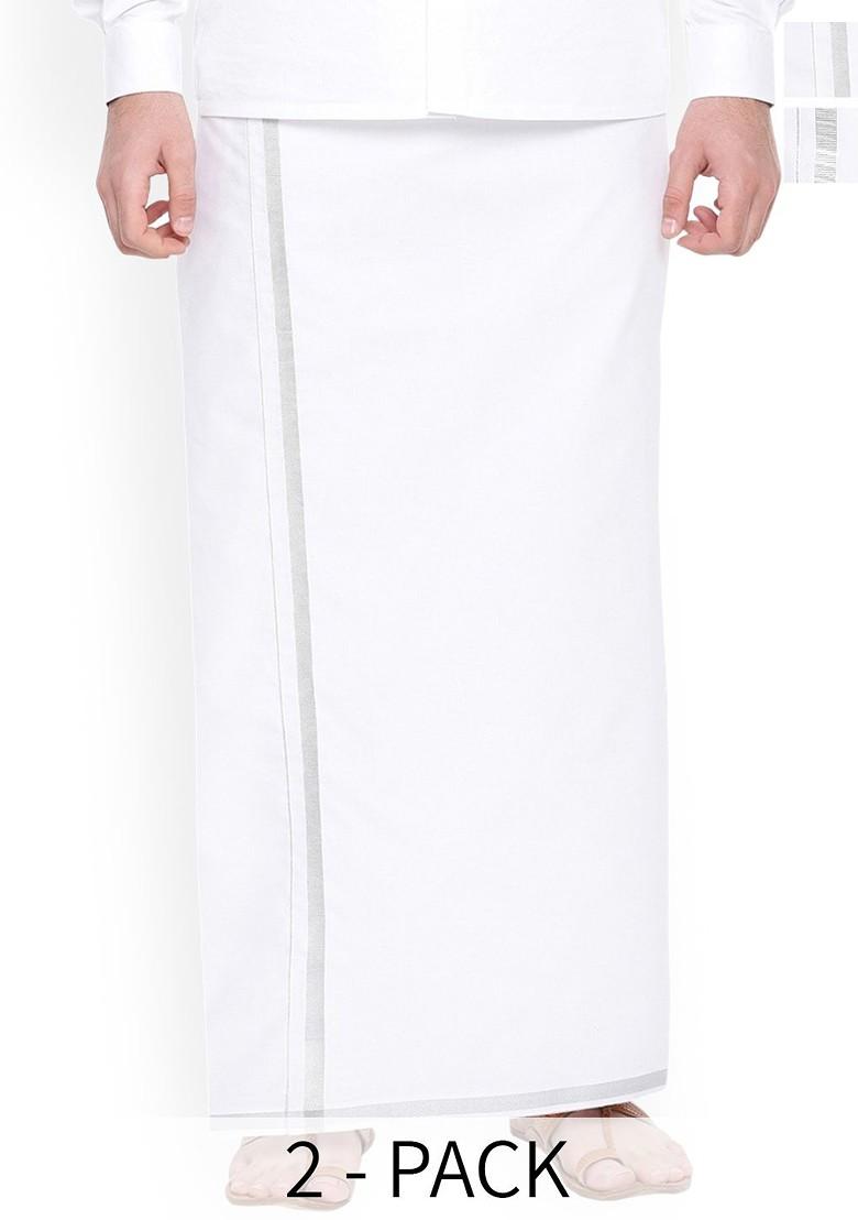 White Pack Of 2 Pure Cotton Single Layer Zari Border Dhotis For Men - Indya