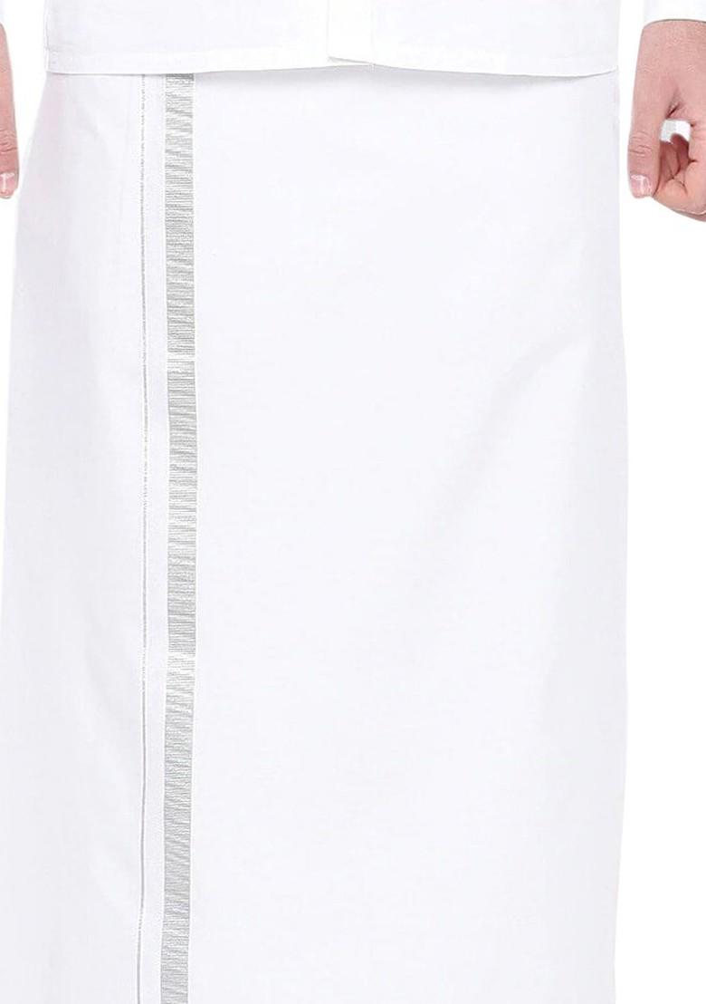 White Pack Of 2 Pure Cotton Single Layer Zari Border Dhotis For Men - Indya