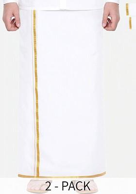 White Pack Of 2 Pure Cotton Dhotis With Zari Border For Men