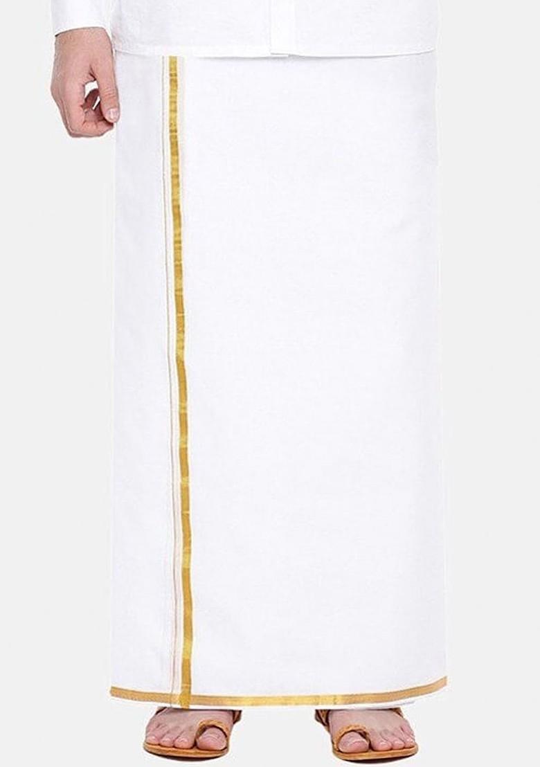 White Pack Of 2 Pure Cotton Dhotis With Zari Border For Men - Indya