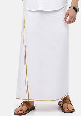 White Cotton White Solid Gold Border Single Layer Dhoti For Men