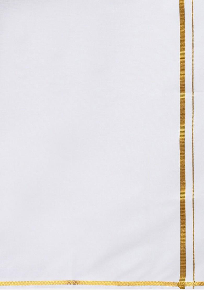 White Cotton White Solid Gold Border Single Layer Dhoti For Men - Indya