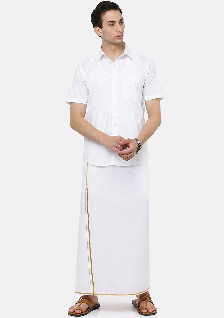 White Cotton White Solid Gold Border Single Layer Dhoti For Men - Indya