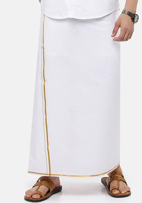 White Cotton White Solid Gold Border Single Layer Dhoti For Men