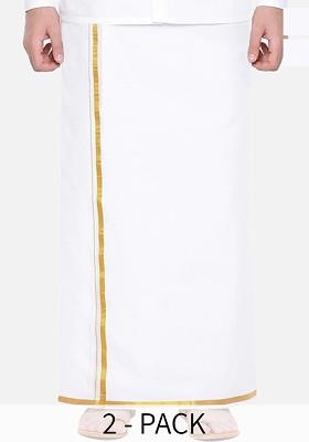 White Pack Of 2 Pure Cotton Single Layer Dhotis With Golden Zari Border For Men