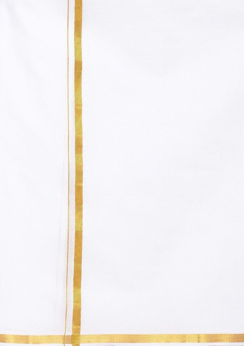 White Pack Of 2 Pure Cotton Single Layer Dhotis With Golden Zari Border For Men - Indya