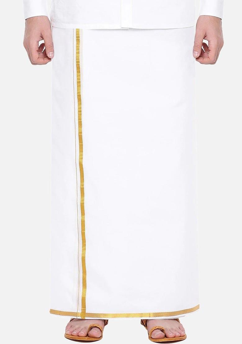 White Pack Of 2 Pure Cotton Single Layer Dhotis With Golden Zari Border For Men - Indya