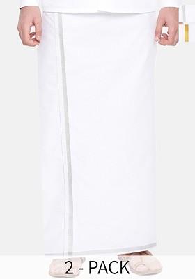 White Pack Of 2 Mid Rise Pure Cotton Zari Border Dhotis For Men
