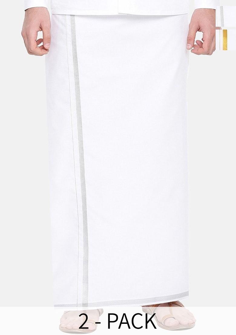White Pack Of 2 Mid Rise Pure Cotton Zari Border Dhotis For Men - Indya