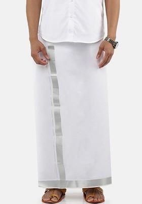 White Cotton White Solid Silver Jari Border Single Layer Dhoti For Men