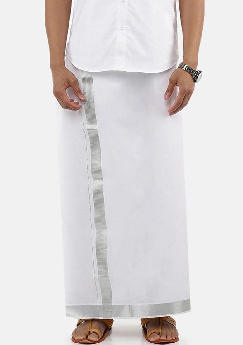White Cotton White Solid Silver Jari Border Single Layer Dhoti For Men - Indya