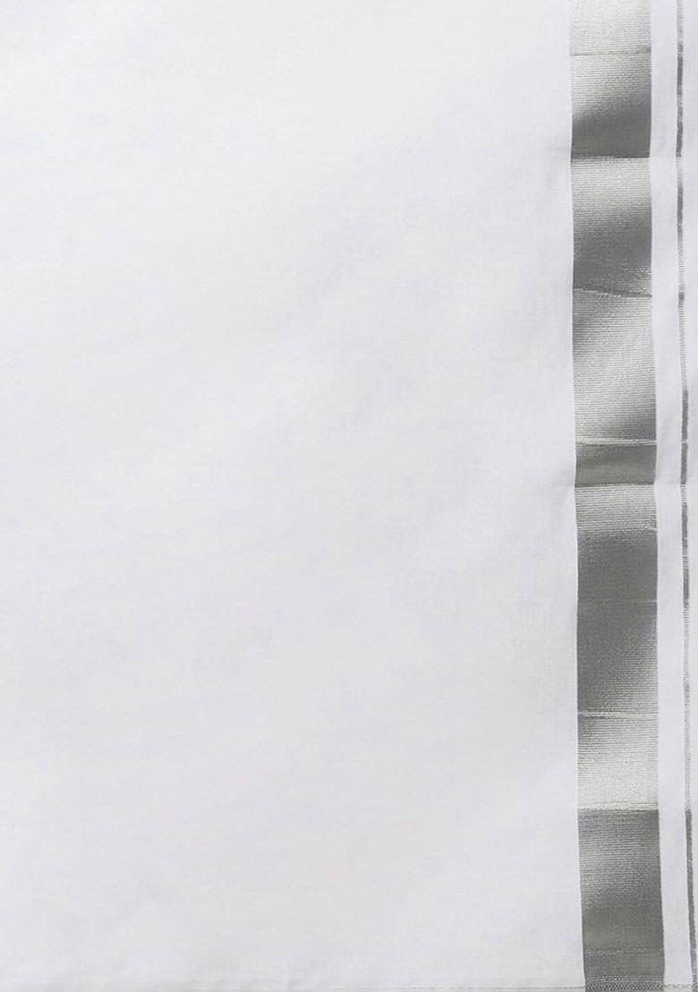 White Cotton White Solid Silver Jari Border Single Layer Dhoti For Men - Indya