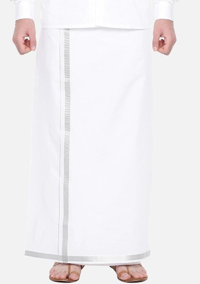 Cream Pack Of 2 Mid Rise Pure Cotton Single Layer Zari Border Dhotis For Men - Indya